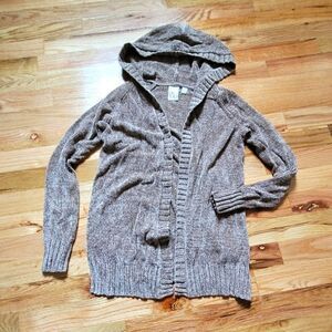 Hooded Chenille Open Front Cardigan Sweater Neutral Small